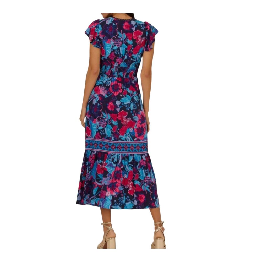 Adrianna Papell Boho Floral‎ Multi Midi Dress Sz14 Smocked Waist Flutter Sleeve - Picture 14 of 14